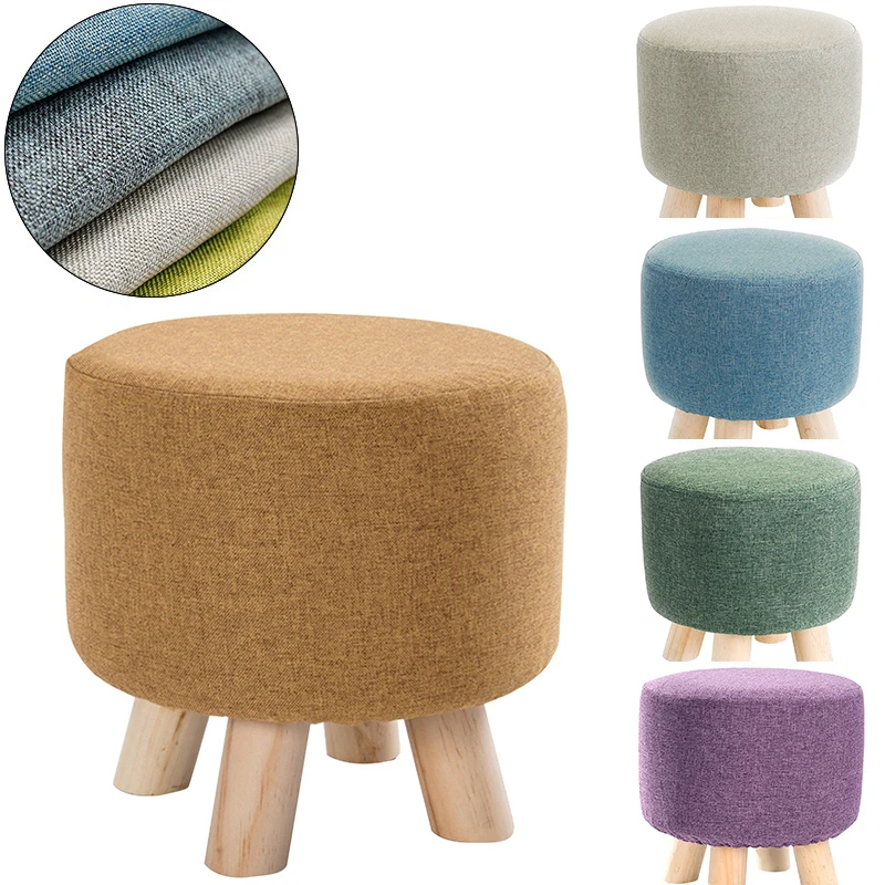 

Elastic Round Seat Cover Linen Cotton Footstool Slipcover Solid Color Round Chair Cover Removable Ottoman Seat Slipcover