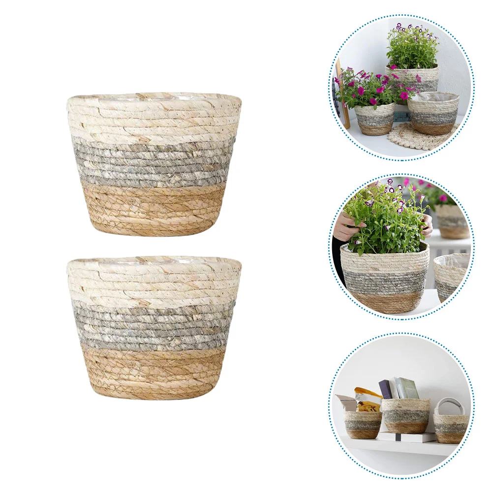 

2 Pcs Handmade Flower Pot Rectangular Planter Seagrass Basket Rustic Round Straw Rattan Vintage