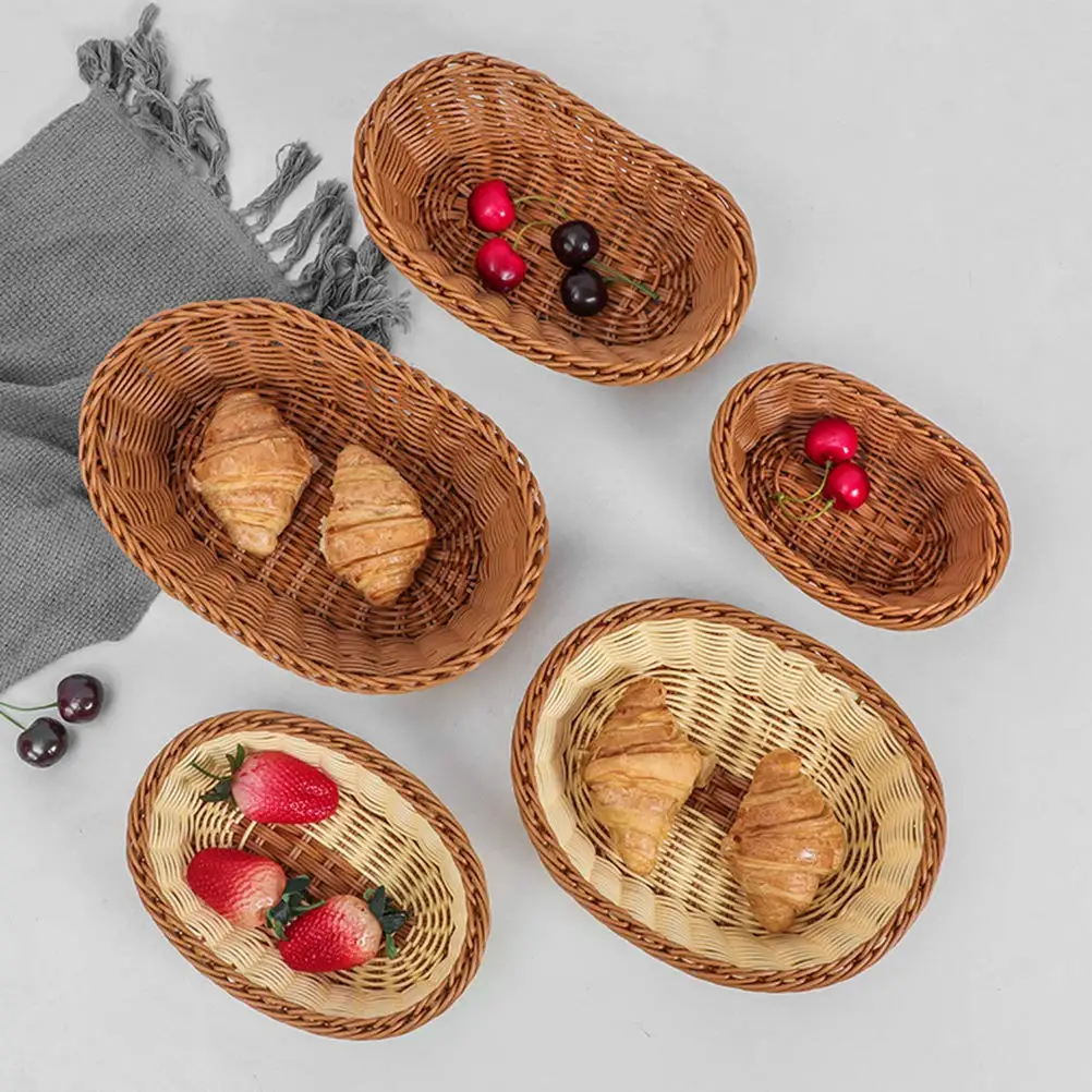 

1pc Breadbasket Oval Curved Rattan Wicker Woven Stackable Fruit Baskets Food Serving Holders for Vegetables Display Tabletop