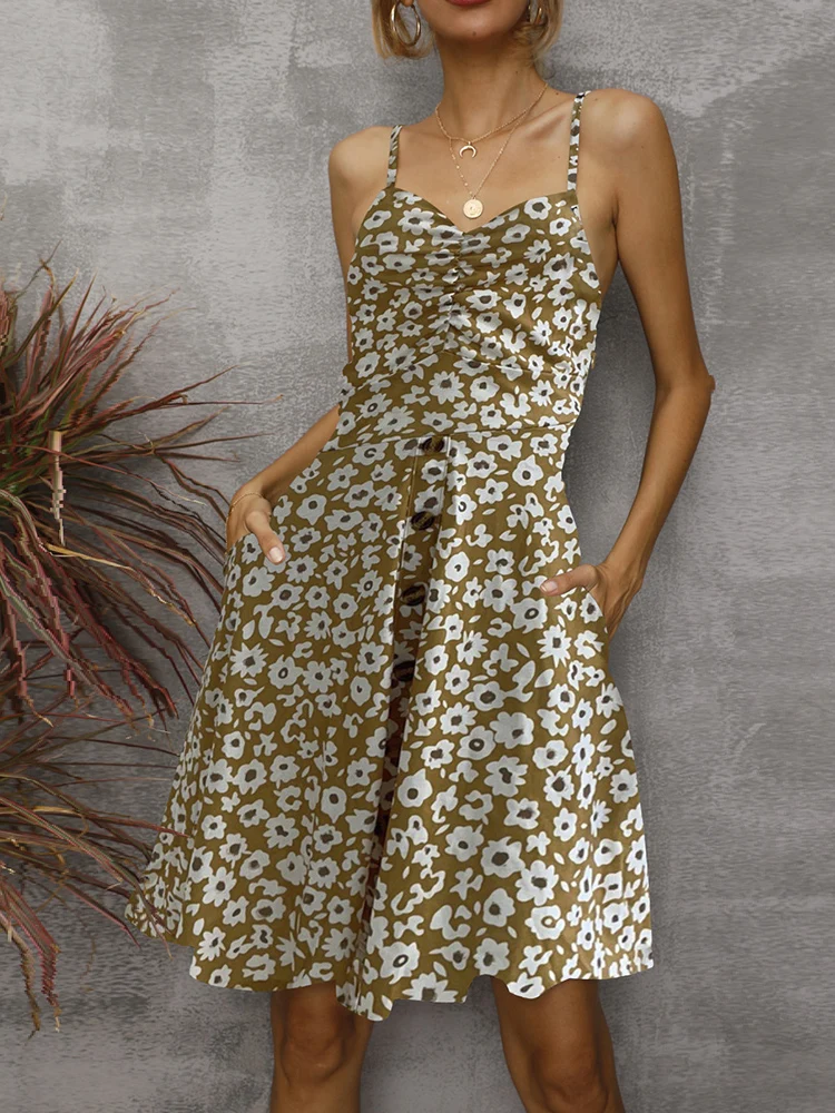 

Платье женское Плиссированное с открытыми плечами, пикантный Повседневный Элегантный Приталенный сарафан-трапеция на пуговицах, на бретел...