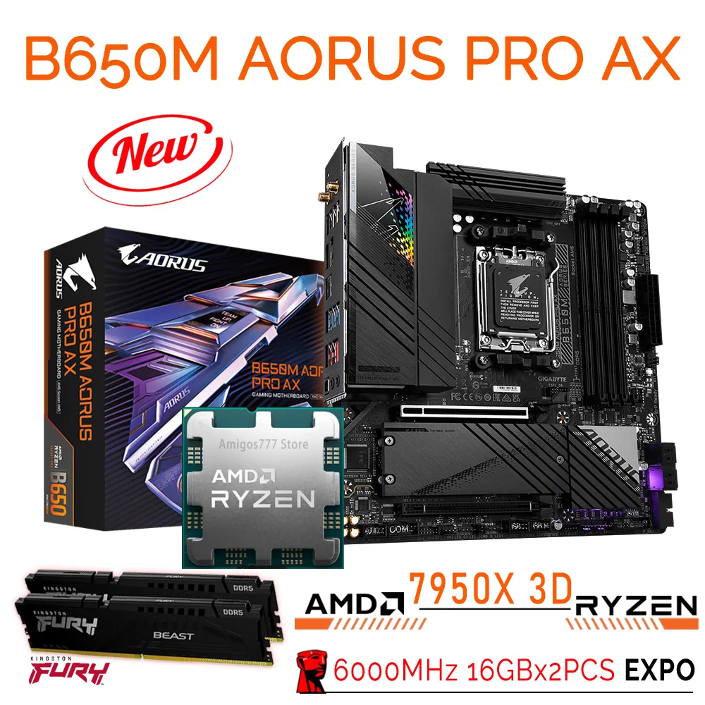 

Gigabyte B650M AORUS PRO AX DDR5 Mainboard B650 With AMD Ryzen 9 7950X 3D Processor CPU +Kingston RAM DDR5 6000MHz 32GB EXPO Kit