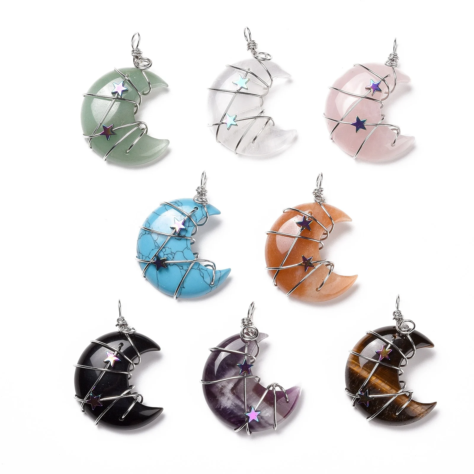 

5pcs Natural Green Aventurines Tiger Eye Wire Wrapped Moon Stone Pendant with Star Beads For Women Necklace Jewelry Making