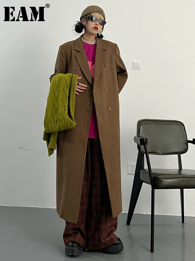 

[EAM] Loose Fit Brown Big Size Thick Warm Long Woolen Coat Parkas New Long Sleeve Women Fashion Tide Autumn Winter 2022 1DF0103