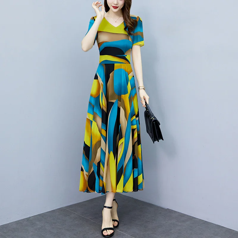 

M-5XL Print Long Women Party Dress Vintage Elegant Chiffon Dresses Ladies Short Sleeve Summer Casual Dress 2023