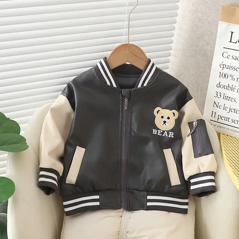 

Boy Leather Jacket Spring and Autumn 2023 New Baby Cartoon Pattern Fall Long Sleeve Children's Clothing Handsome Street Coats