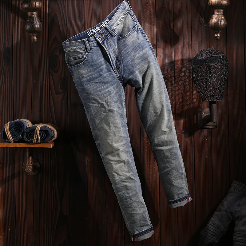 Fashion Designer Men Jeans High Quality Retro Blue Elastic Slim Fit Ripped Jeans Men Stretch Trousers Vintage Denim Pants Hombre