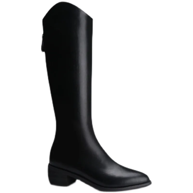 Pointed Toe Med Heels Knee High Boots Women Fashion Back Zipper Pu Leather Long Boots Woman 2022 Autumn Square Heel Botas Mujer
