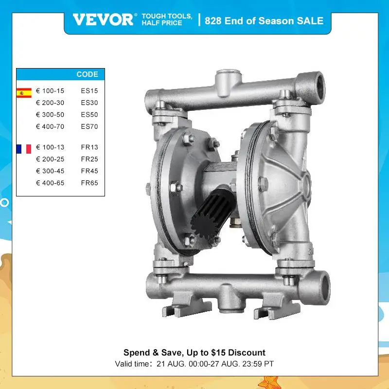 VEVOR Air-Operated Double Diaphragm Pump 1/2 inch Inlet and Outlet 304 Stainless Steel 12 GPM Max 115PSI for Chemical Industrial