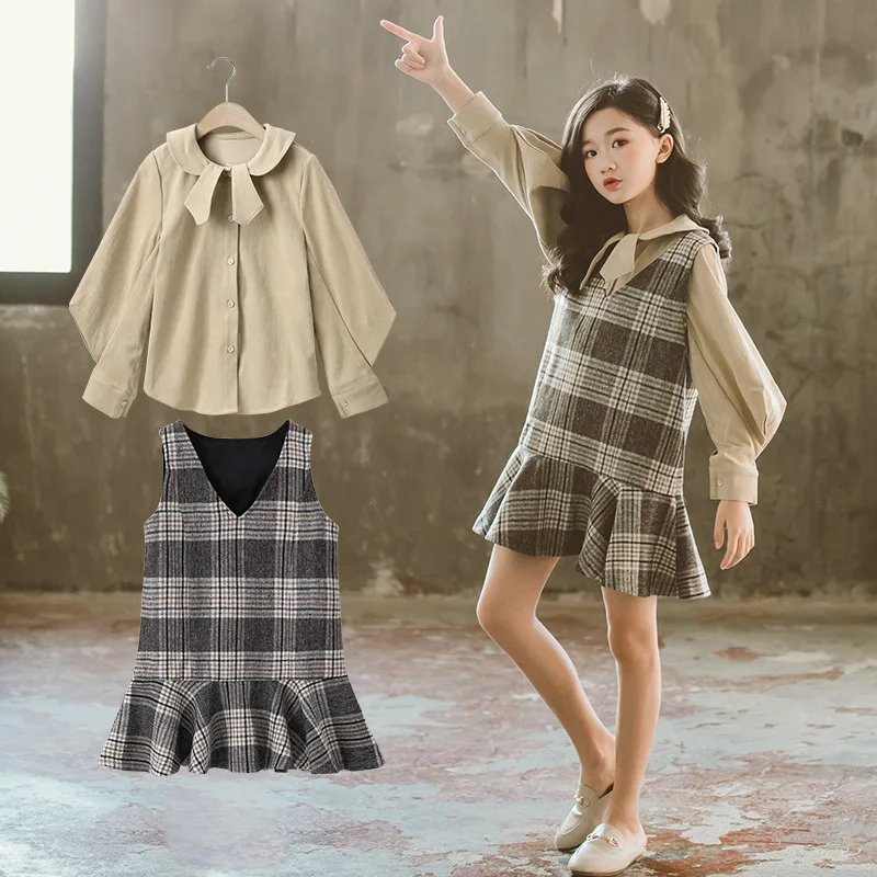 

2023 Korean Spring Autumn Children Clothing 2-Piece Sets Junior Girl Cardigan O-neck Top Teen Girl One-piece Dress Sets For Girl