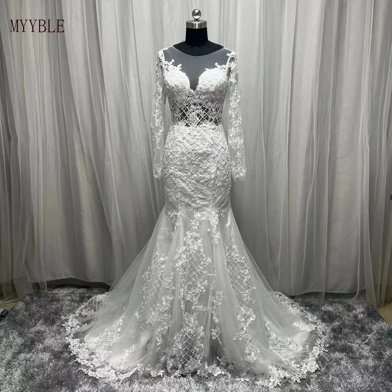 Купи Sparkly 2023 Lace Appliques Wedding Dress Mermaid Illusion Vestido De Noiva Long Sleeve Sheer Neck Real Photo Bridal Gowns за 7,244 рублей в магазине AliExpress