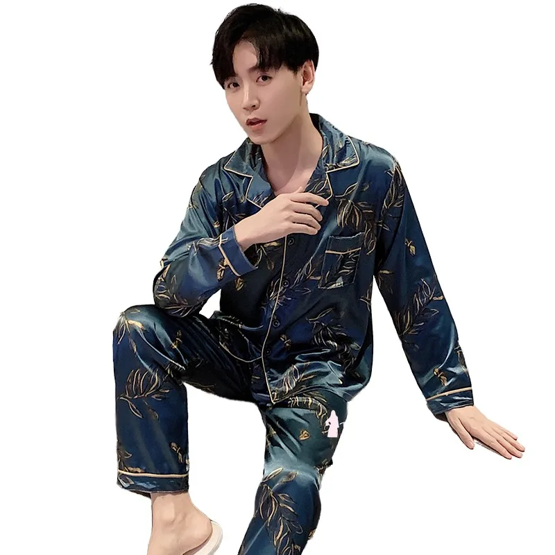 QUHENG Pajamas for Men Long Sleeve Satin Black Silk Pajamas Set New Home Wear Autumn Pijamas Lounge Wear Man Sleepwear for Suit