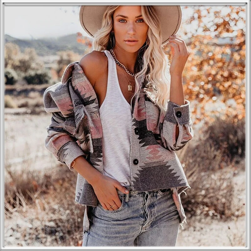 

2021 Women's Winter New Fashion Vintage Printed Woolen Padded Long Sleeve Bomber Jacket