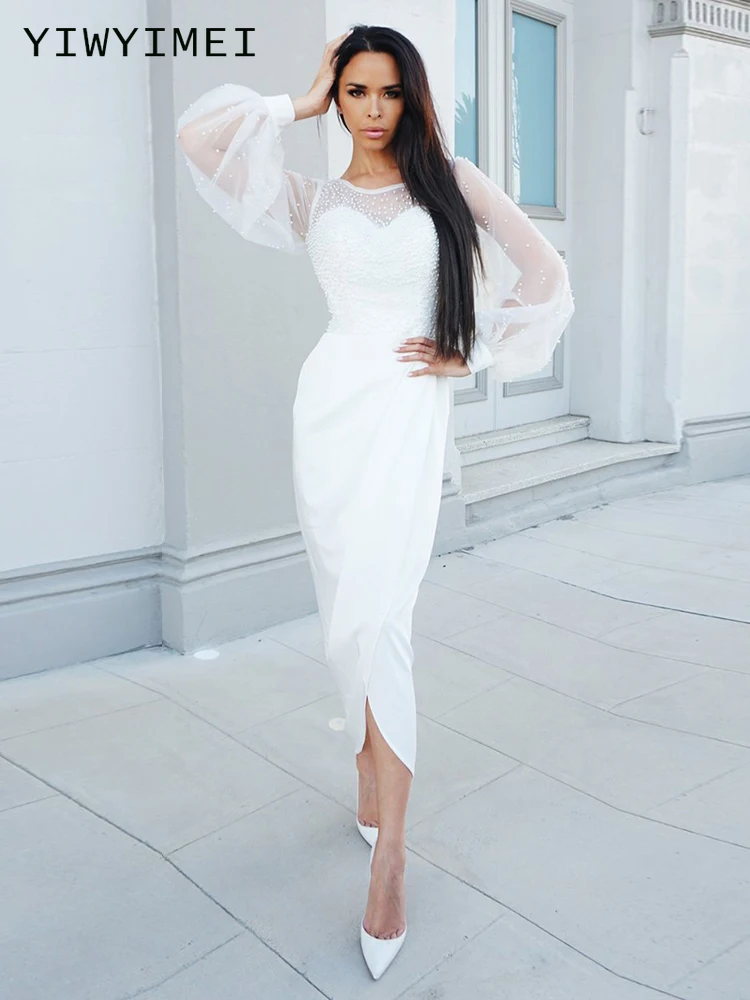 

Fashion Pearl Long White Dress Women Lantern Sleeve Elegant Slim Dress 2021 Solid O Neck Boho Mid-Length Dress