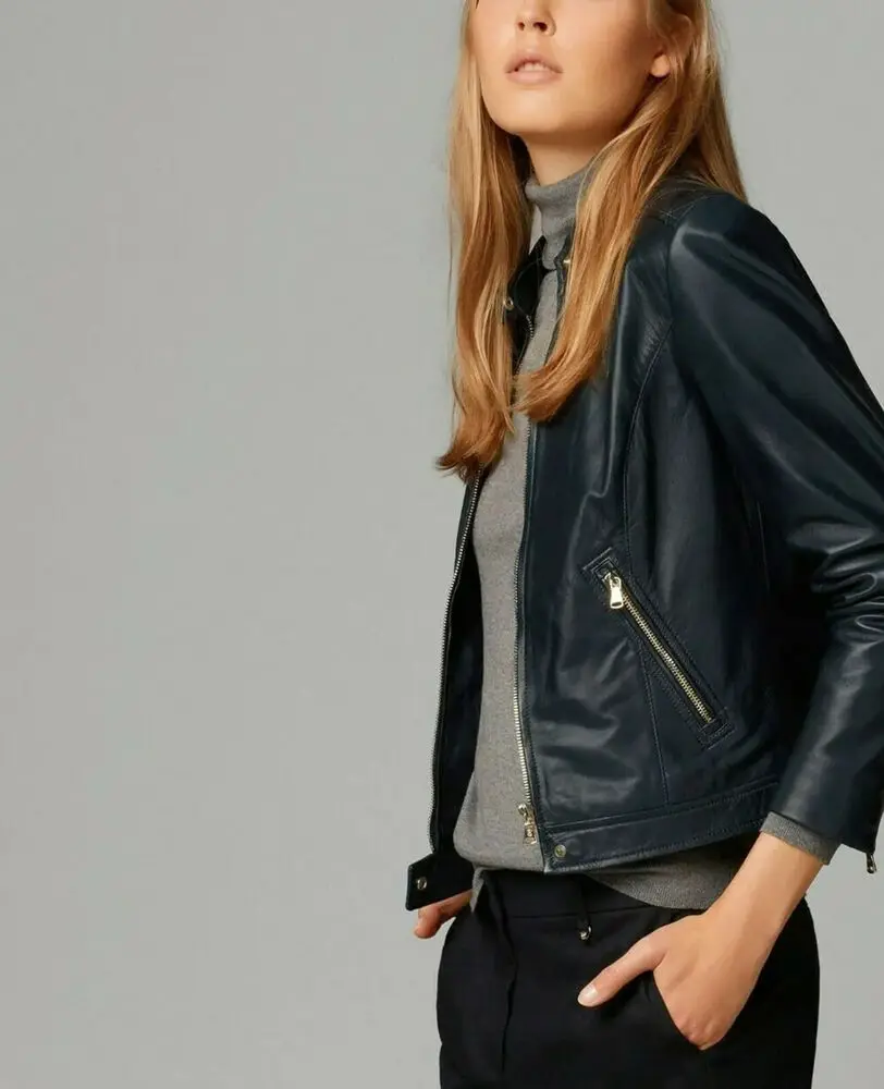 Women Navy Blue Leather Jacket 100% Genuine Lambskin Slim Fit Coat