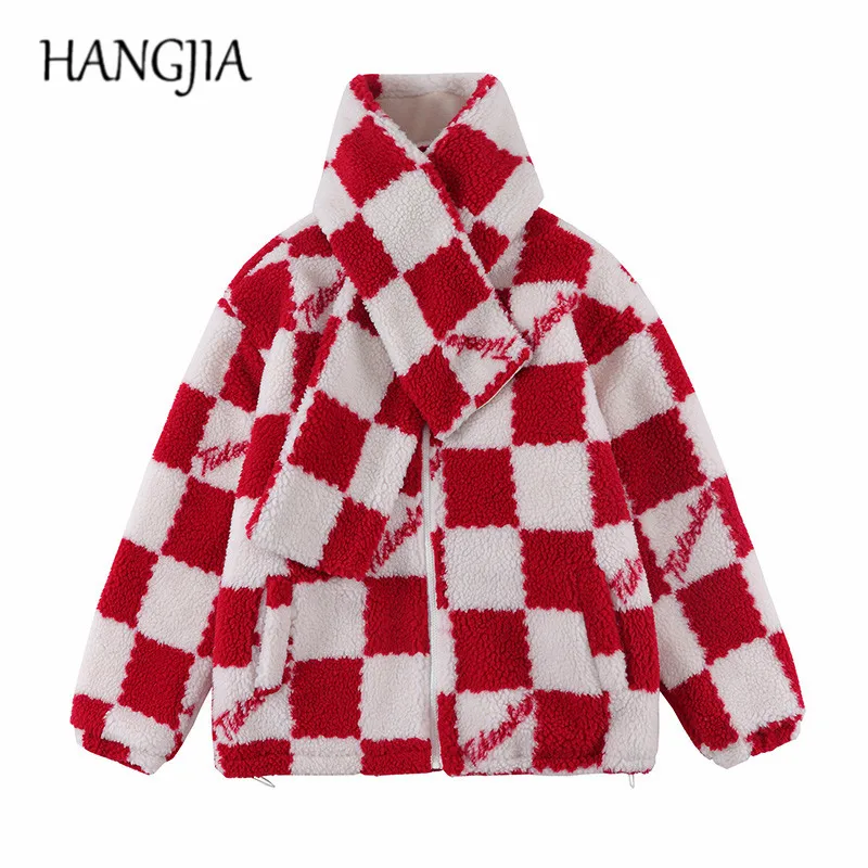 

Autumn and Winter Zip Up Turtleneck Plaid Sherpa Outwear Jacket Women Streetwear Fashion Tartan Cashmere Fleece Jacket Coat Men