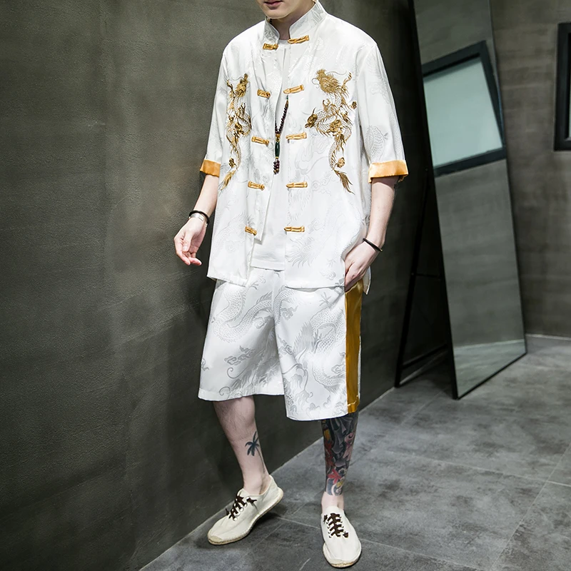 Лето 2022 мужской комплект в китайском стиле мужская одежда Харадзюку шелковое