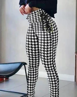 2022 casual lady pencil pants women elegant fashion high waist houndstooth print eyelet lace up skinny pants