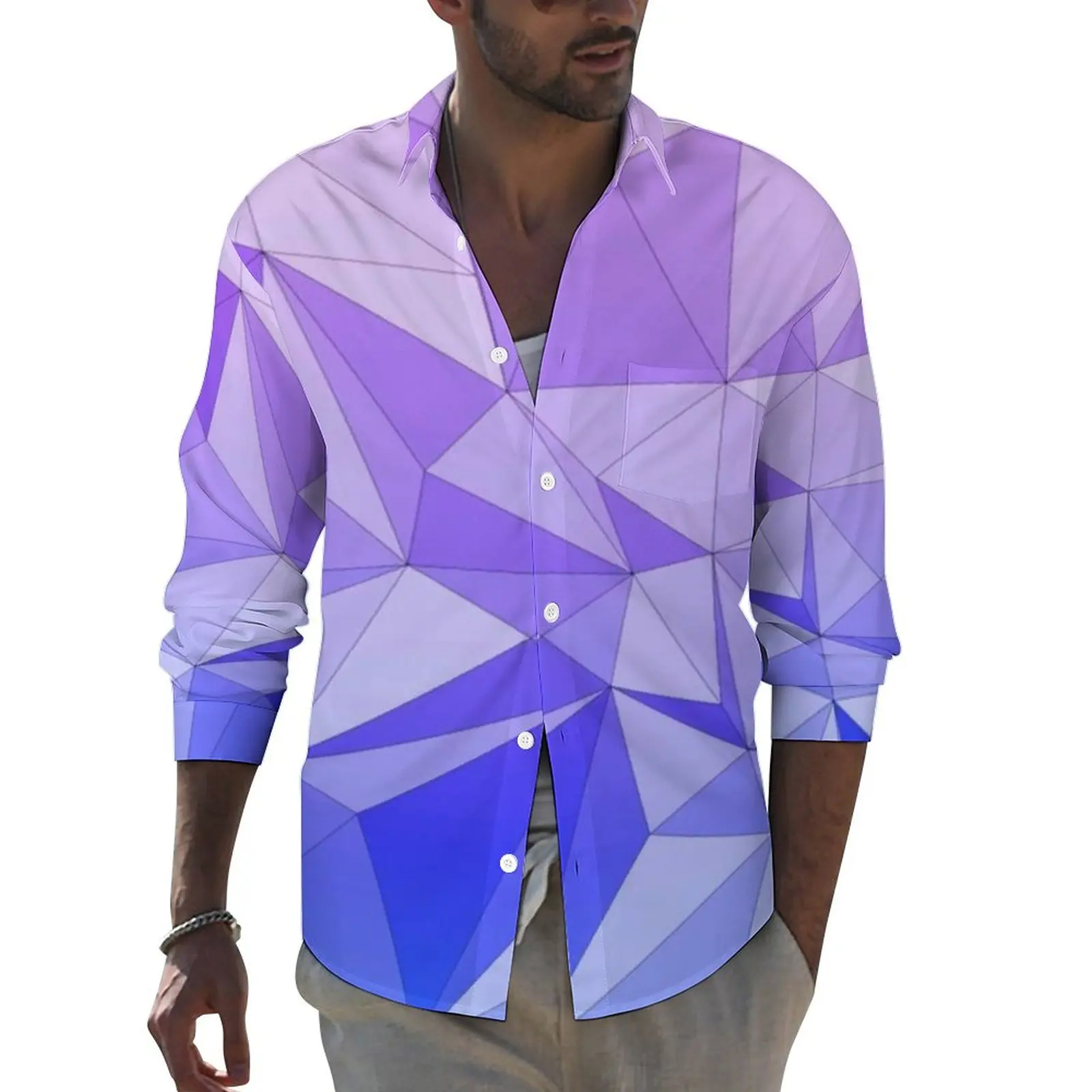 

Triangle Two Tone Shirt Autumn Blue And Purple Casual Shirts Men Trendy Blouses Long Sleeve Graphic Aesthetic Top Plus Size
