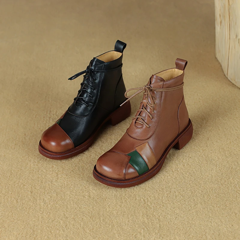 

Women ankle boots natural leather 22-24.5CM Washed soft cowhide full leather modern boots lace up color stitching outdoor boots