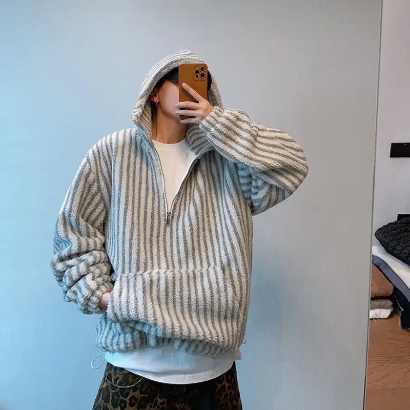 Autumn and Winter New Extra Large 50.00kg Retro Stripe Hood Cotton-Padded Coat Men's Thickened Lamb Wool Outerwear Top 2