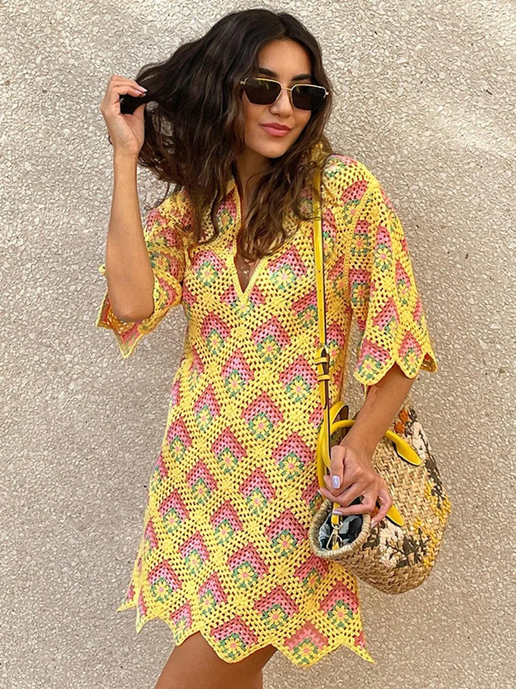 

Casual Autumn Women's Half Sleeve Turn-down Collar Yellow Flower Crochet Loose Dress Streetwear Vintage Knitted Mini Vestidos