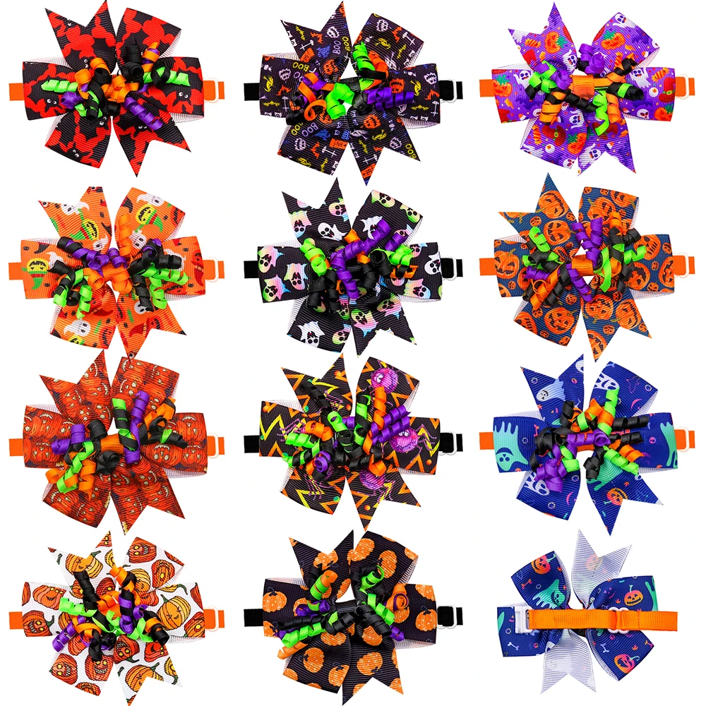

12PCS Halloween Pumpkin Dog Bow Ties Dog Neckties With Ghost Flower Shape Adjustable Dog Collar For Puppy Cat Pet Accessories