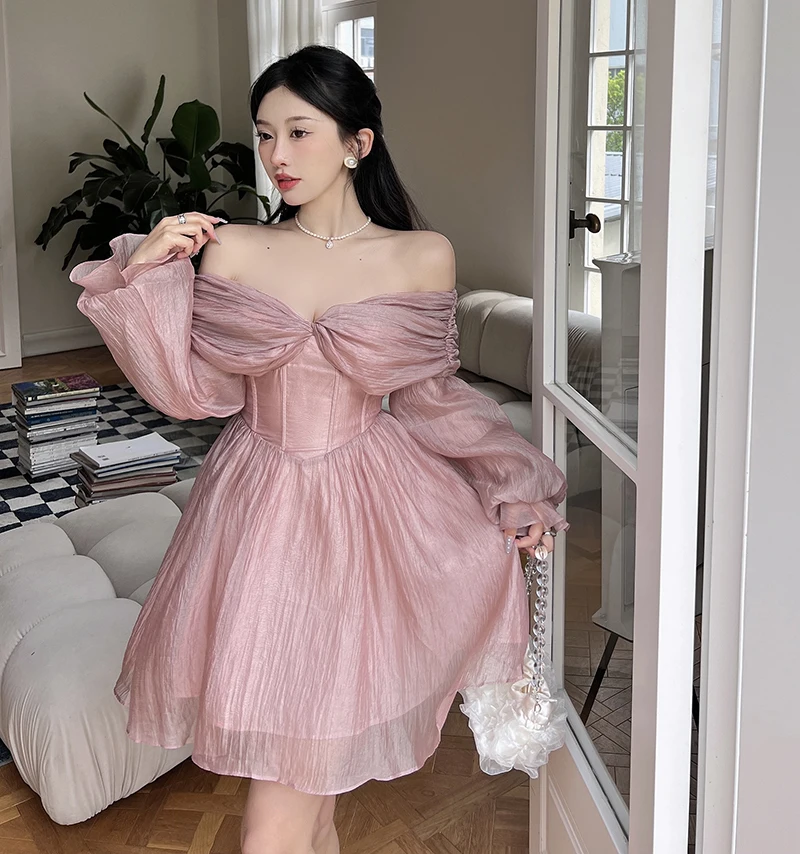 

WTIANYUW New Summer Short Mini Dress Mesh Lace Korean Sweet High Waist Slash Neck Dresses Women Korean Temperament Dress French