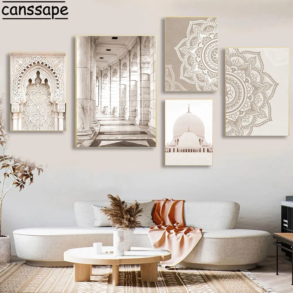 

Boho Islamic Calligraphy Wall Posters Mosque Morocco Door Canvas Painting Mandala Floral Poster Nordic Wall Pictures Home Decor