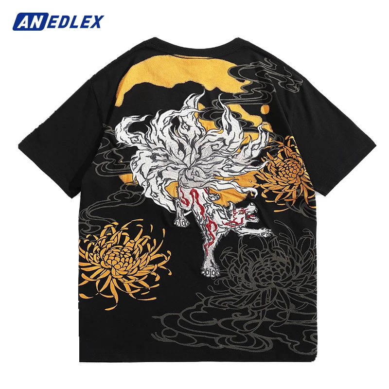 

Футболка мужская с вышитыми цветами, хлопковая модная повседневная рубашка в стиле хип-хоп, уличная одежда в китайском стиле, лето