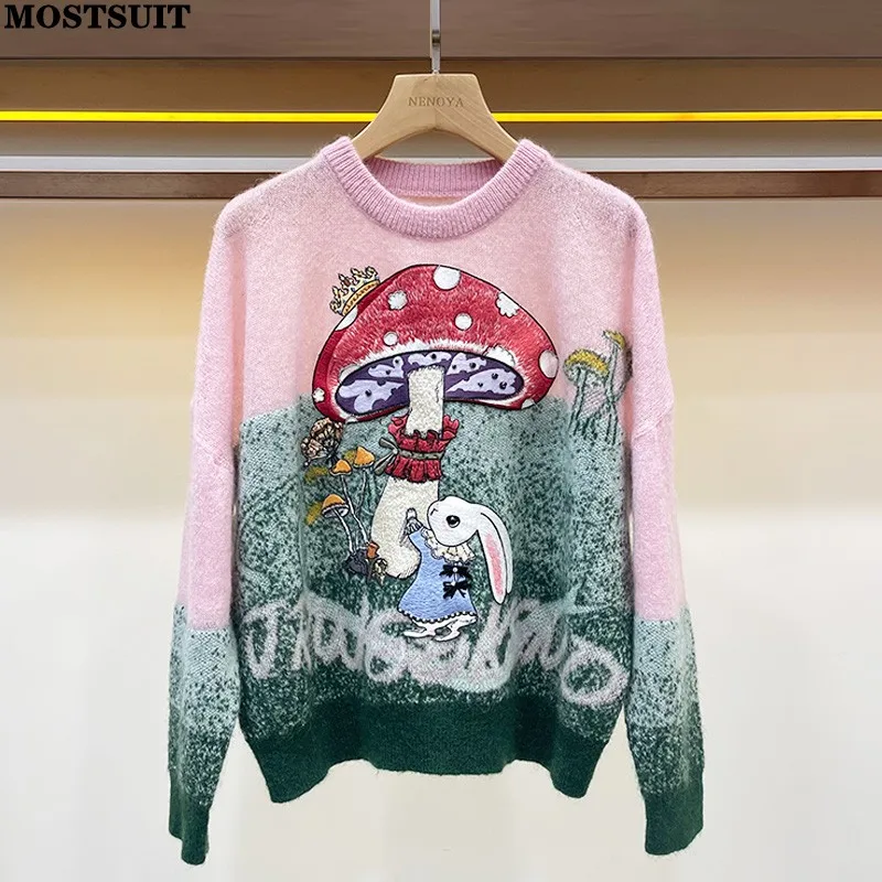 

Cartoon Embroidered Women Sweater Stylish Fashion Chic Ladies Pullover Tops Long Sleeve Round Neck Loose Jumpers Knitwear 2023