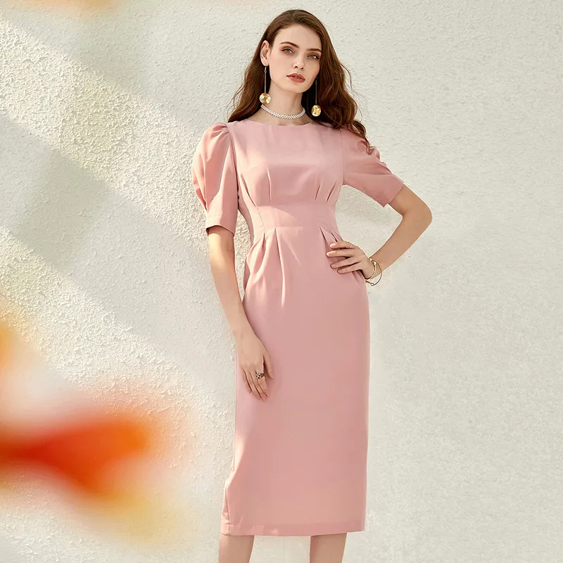 Summer Office Lady Dress Short Sleeve Puff Sleeve Dress Slim Waist Straight Dress Pencil Birthday Dress for Women Pink O-neck