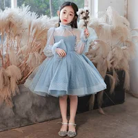 Children Tulle dress Elegant Long Sleeve Blue Girls Wedding Dresses for Kids Evening Gowns Teen Birthday Party Prom Dresses 2022