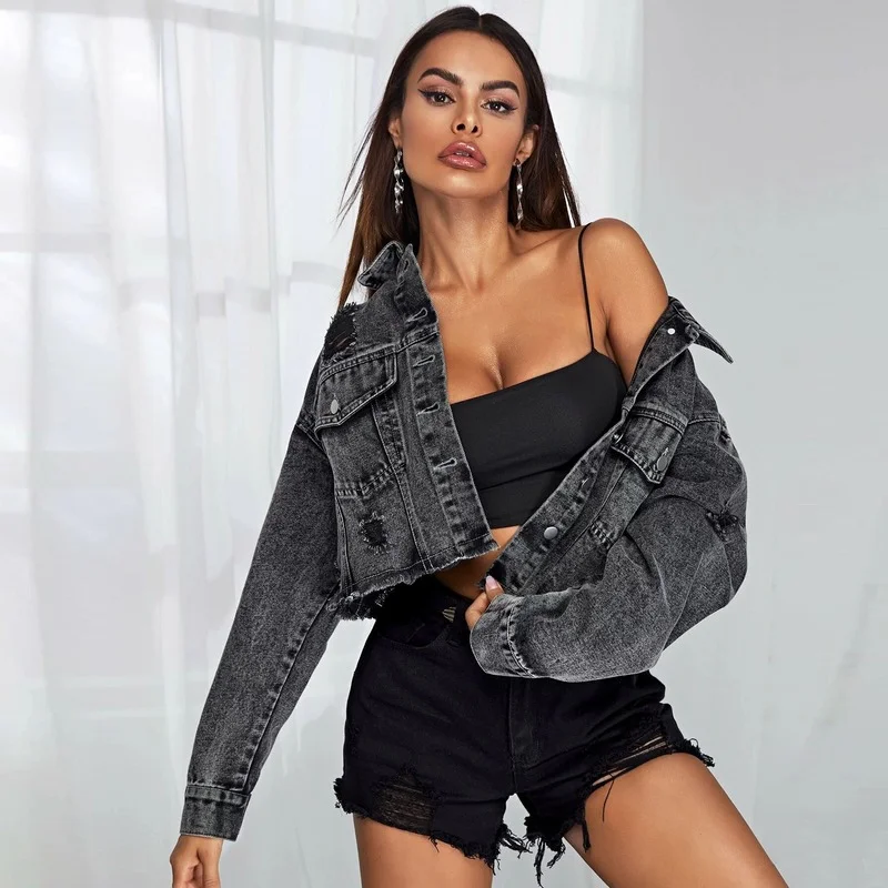 

Denim Jacket Women Pocket Stitching Ripped Cardigan Straight Coat Women Long Sleeve Single-Breasted Turn-down Collar Denim Coat