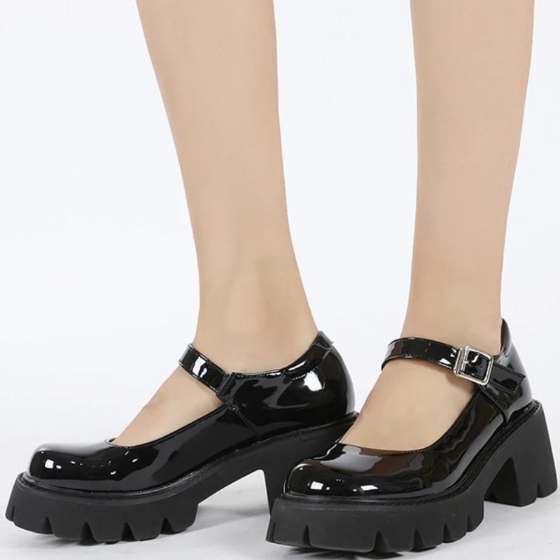

Women Buckle Mary Jane Shoes Fashion Thick Heeled Retro Leather Shoes Round Head Outside Walking Party Pumps Zapatos Mujer