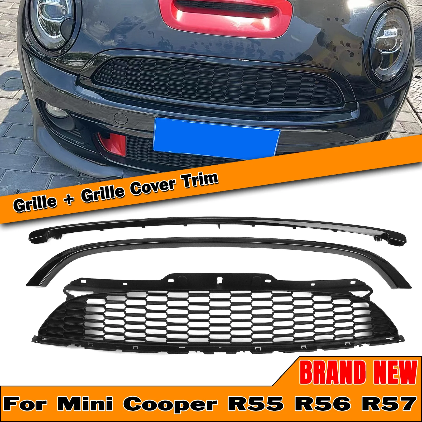 

For Mini Cooper S R55 R56 R57 R58 R59 2007-2015 JCW Style Black Grill Upper Grille Mesh+Front Bumper Trim Splitter Spoiler Frame