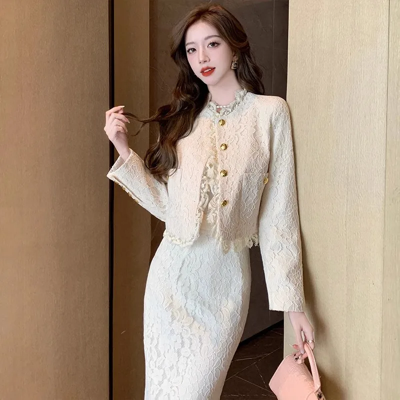 

Autumn Fashion Lace Hollow Out Two Piece Set Women's Elegance Single Breasted Short Jacket Coat + High Waist Long Skirt OL Suits
