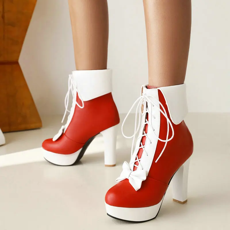 

Ladies Colorblock Mid Calf Boots Autumn Winter Platform Cross Tied Short Boots Female Square High Heel Fashion Women's Shoes