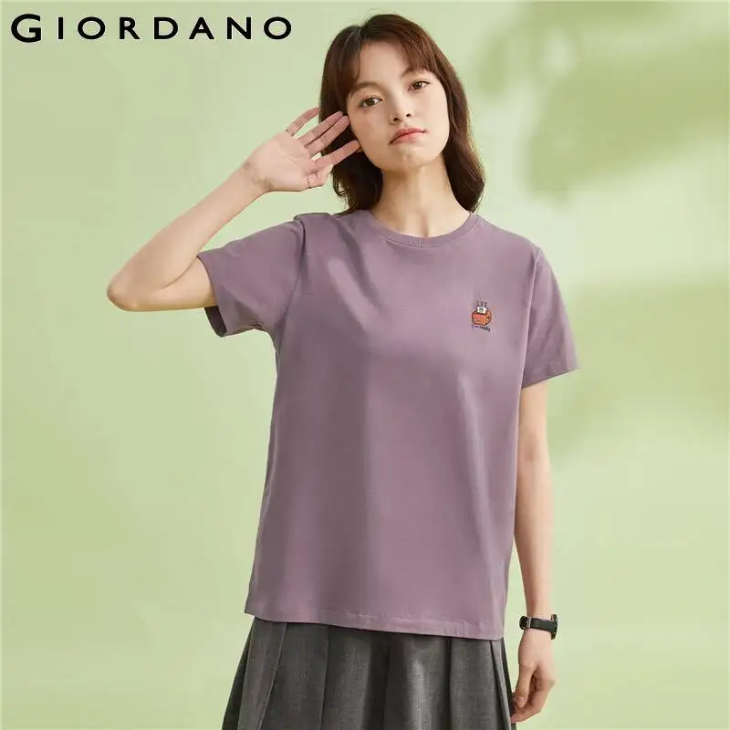 

GIORDANO Women T-Shirts Small Embroidery Summer Tee 100% Cotton Crewneck Short Sleeve Comfort Fashion Casual Tshirts 13323221