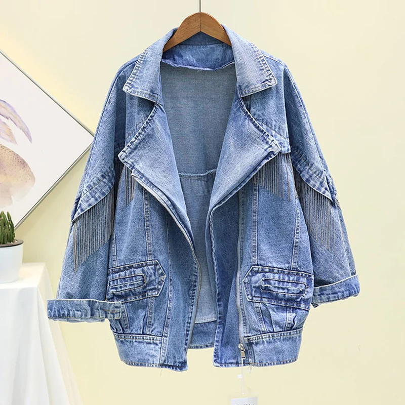 

Women's Vintage Jacket, Large Tassel Denim Baggy, Casual, Fall 2022 Chain Medium Long Korean Loose Fashion Pocket Spring Autumn