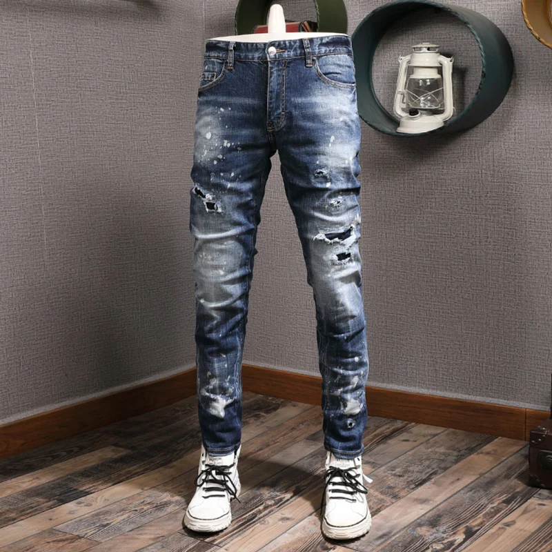 Fashion Streetwear Men Jeans Retro Blue High Quality Elastic Slim Fit Hole Ripped Jeans Men Painted Designer Hip Hop Brand Pants