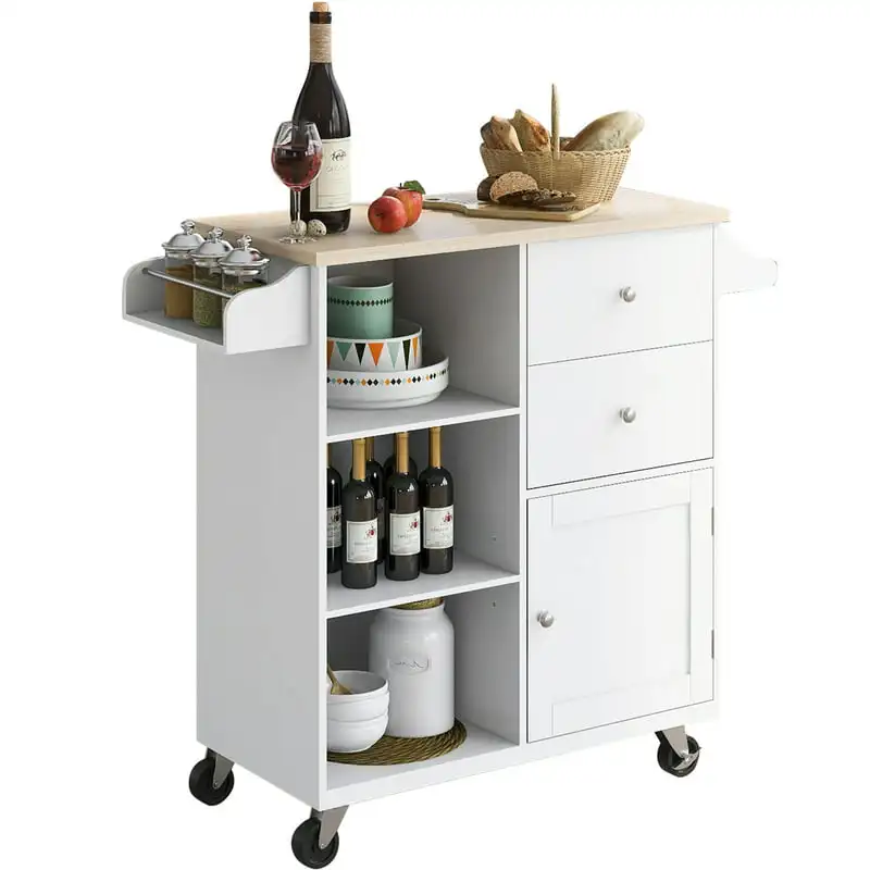 

Islands Cart with 2 Drawers & 3 Open Shelves, Kitchen Island on Wheels with Rubber Wood for Dinning Room, White
