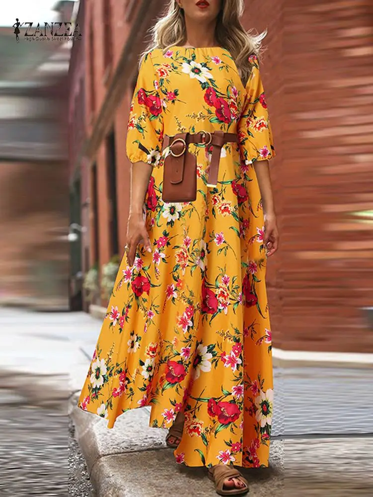 

2022 ZANZEA Summer Women Bohemian Floral Printed Maxi Dress Beach Long Vestidos Kaftan Half Sleeve Holiday Sundress Robe Femme
