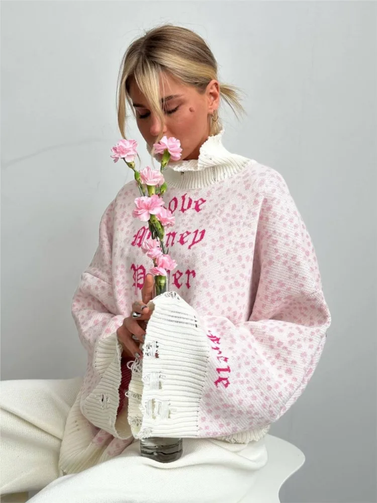 

RDMQ 2023 Letter Embroidery Loose Sweater Women Fashion O Neck Tattered Long Sleeves Pullover Tops Chic Designer Winter Jumper