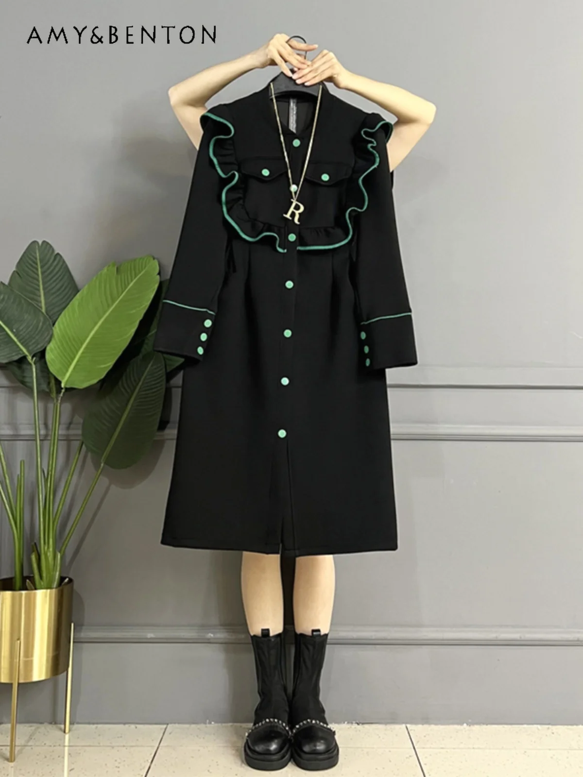 

Женское свободное платье-миди в западном стиле, элегантное платье оверсайз во французском стиле Хепберн с оборками и длинными рукавами на раннюю осень 2023