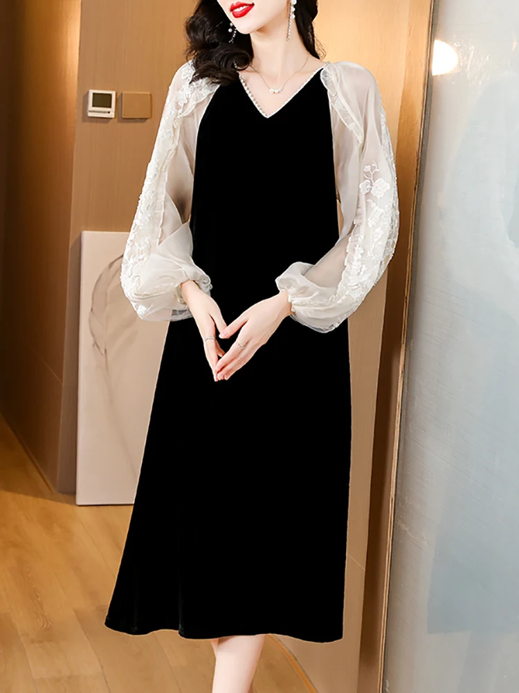 

Женское винтажное бархатное платье, элегантное черное бархатное платье составного кроя с кружевом, расшитое бисером, Осень-зима 2023