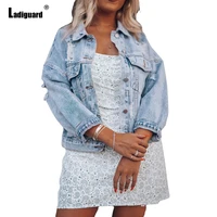 ladiguard women sexy ripped denim jackets ladies short jeans jacket loose vaquero mujer 2022 fashion hole shredded top outerwear