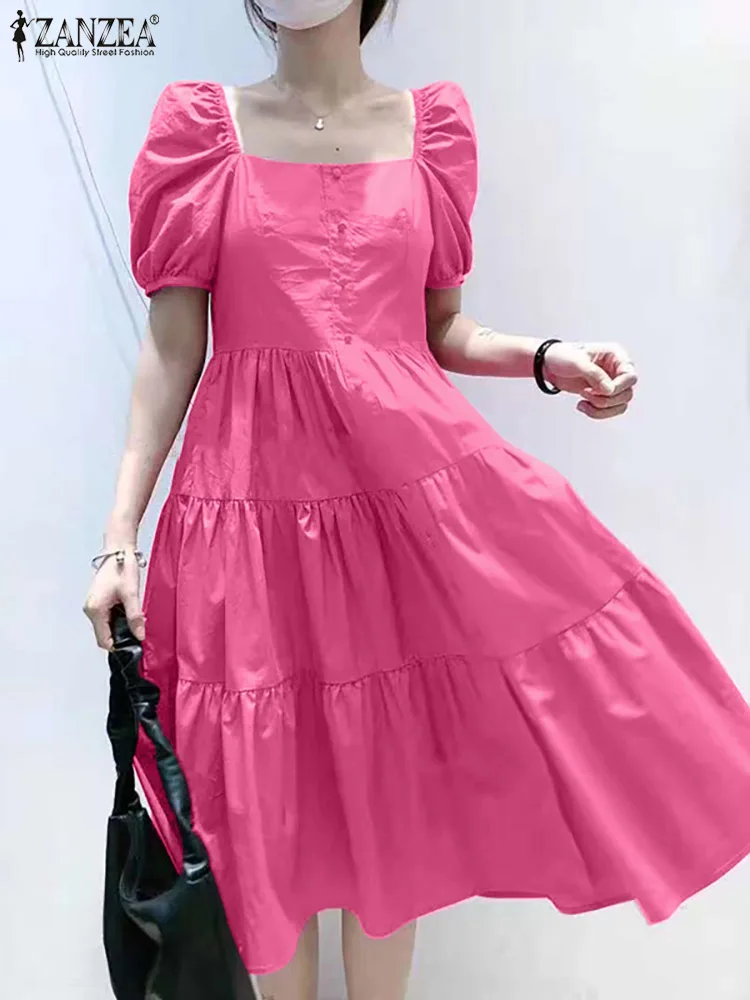 

ZANZEA Bohemian Women Dresses 2022 Summer Puff Sleeves Midi Sundress Casual Pleated Solid Vestidos Oversized Holiday Robe Femme