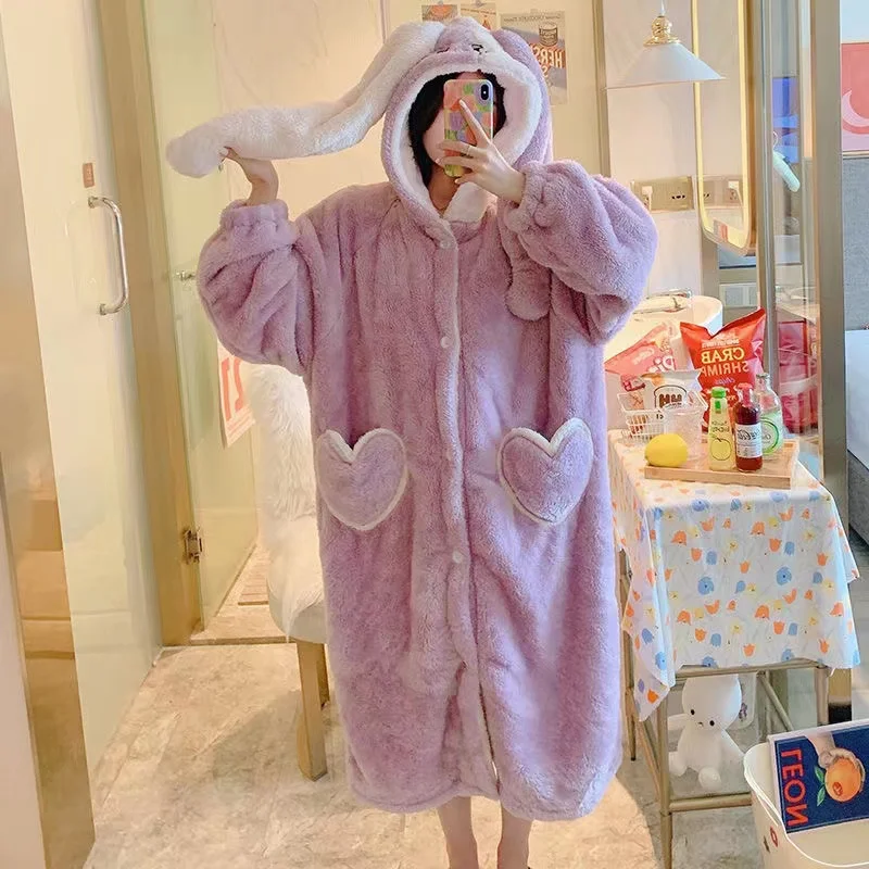 Women Winter Nightgown Thick Coral Velvet Sweet Rabbit Ears Hooded Homewear Flannel Female Warm Home Service Bathrobe