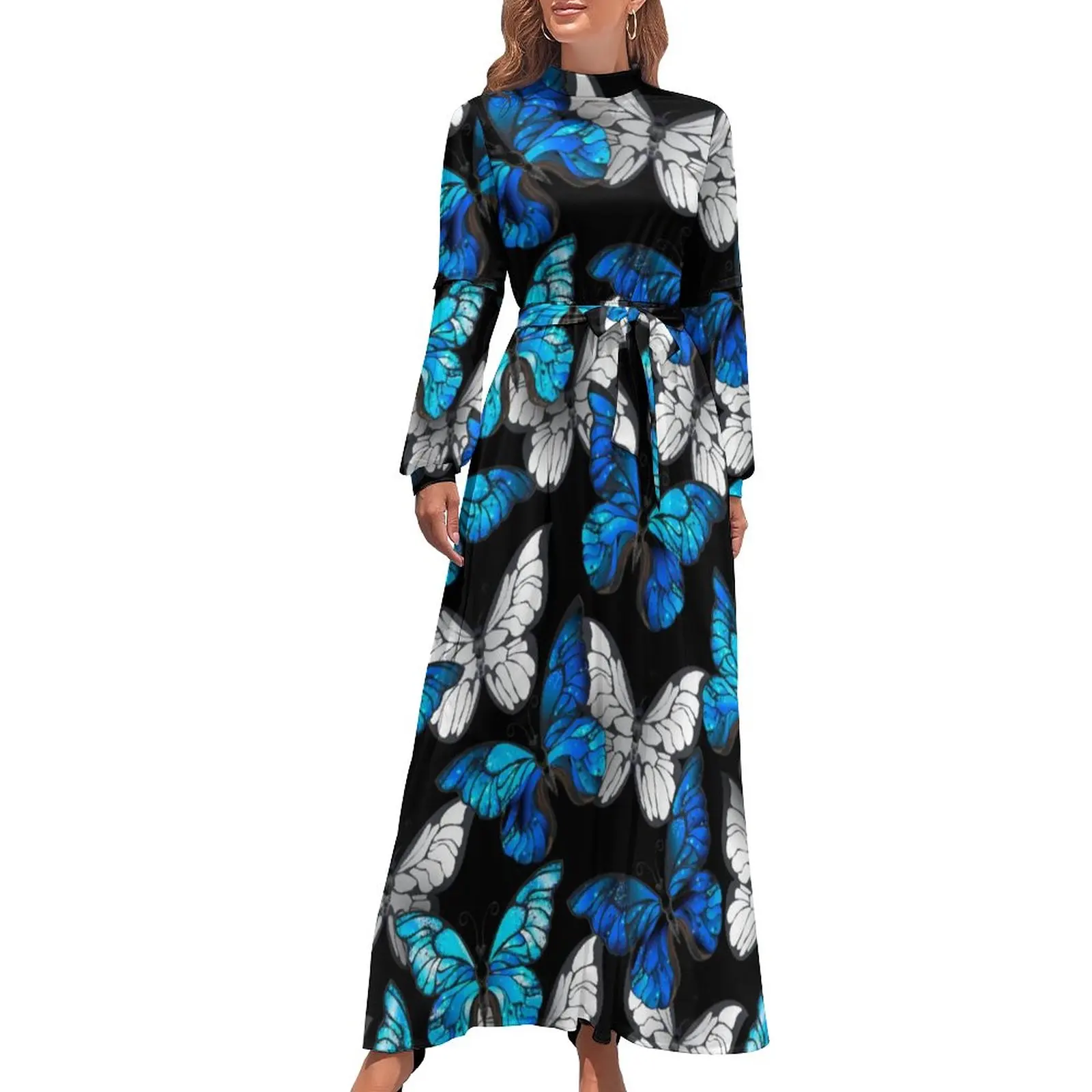 

Blue And White Butterfly Dress Animal Print Cute Maxi Dress Aesthetic Bohemia Long Dresses High Neck Print Clothing