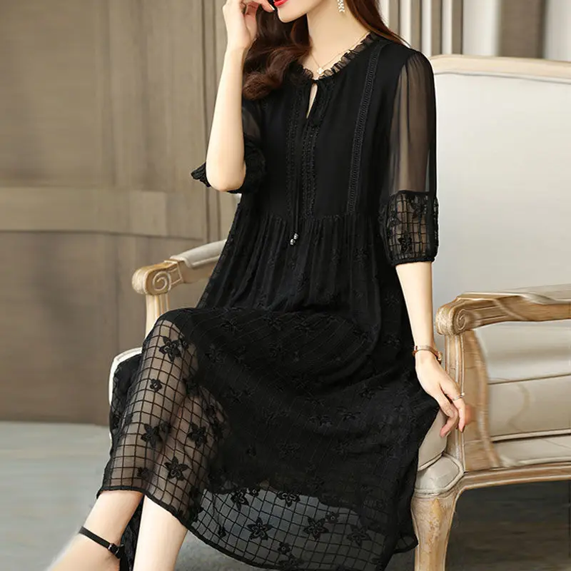 

2022 Loose Casual Black Mulberry Silk Maxi Dress Summer Vintage 5XL Plus Size Dress Elegant Women Bodycon Party Vestidos X236